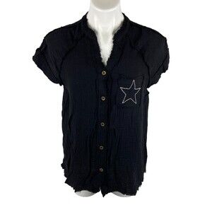 Umgee Women Small Black Button Front Top Star Pocket Cutoff Hems NWT